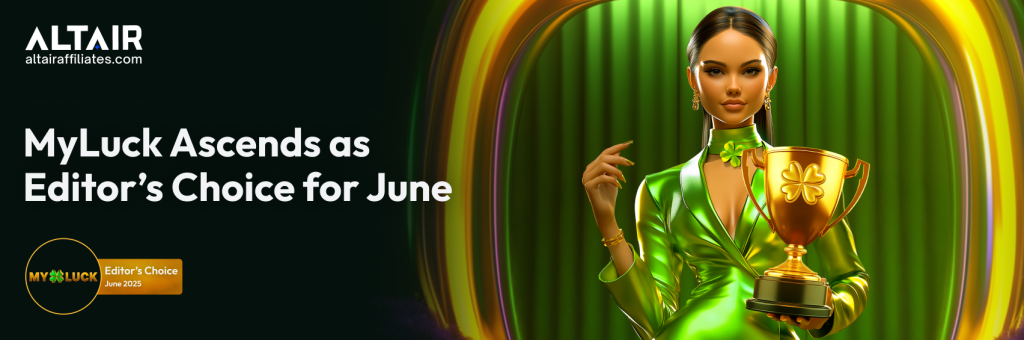 Woman in green holding trophy – MyLuck Casino wins Editor’s Choice June 2025