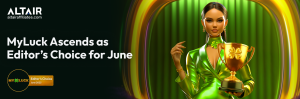 Woman in green holding trophy – MyLuck Casino wins Editor’s Choice June 2025