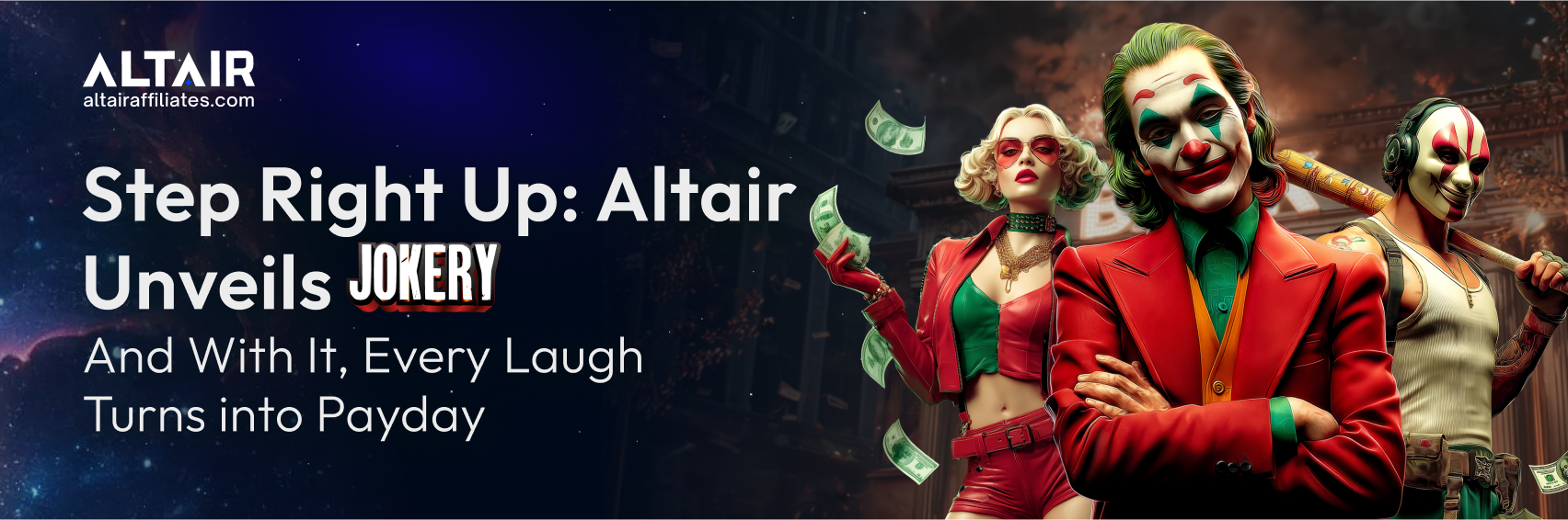 Altair Affiliates unveils Jokery Casino launch banner featuring characters in red costumes with flying cash