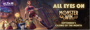 MonsterWin September Casino of the Month hero banner: steampunk robot with money bags beside red-haired explorer; headline “All Eyes on Monster Win”.
