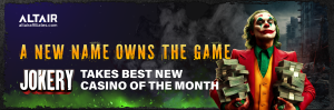 Jokery Best New Casino September 2025 hero banner: clown-faced figure in red suit holding stacks of cash; headline “A New Name Owns the Game”; Jokery logo.