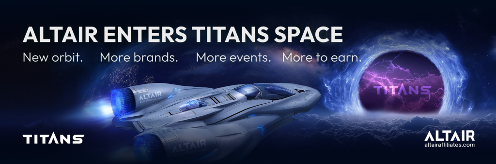Space-themed banner showing an Altair-branded spacecraft heading into a glowing portal with the Titans logo, with the headline “Altair enters Titans space”.