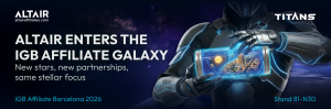 Altair Affiliates banner for iGB Affiliate Barcelona 2026 with the headline “Altair enters the iGB Affiliate galaxy”, “New stars, new partnerships, same stellar focus”, and “Stand 81-N30”, featuring a futuristic figure holding a glowing container with a solar system and Barcelona skyline.