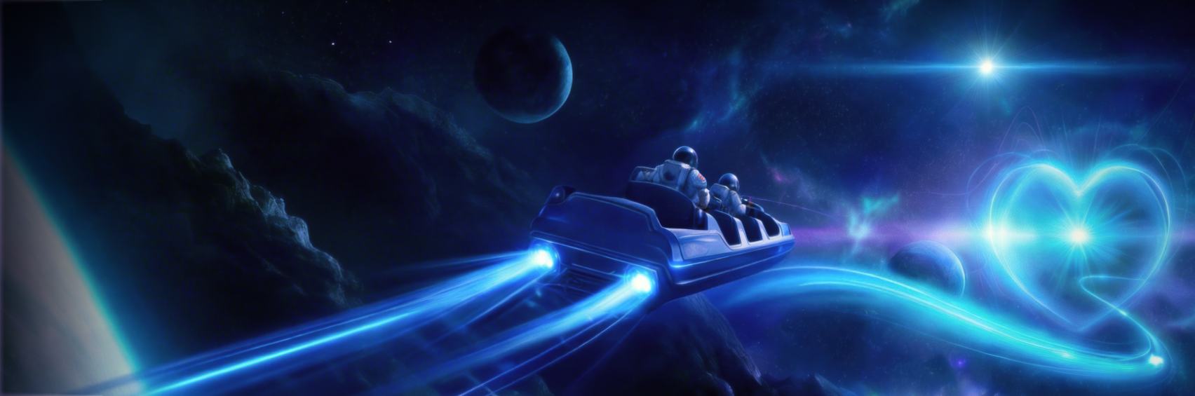 Space scene with a futuristic ride leaving blue light trails toward a glowing heart-shaped light