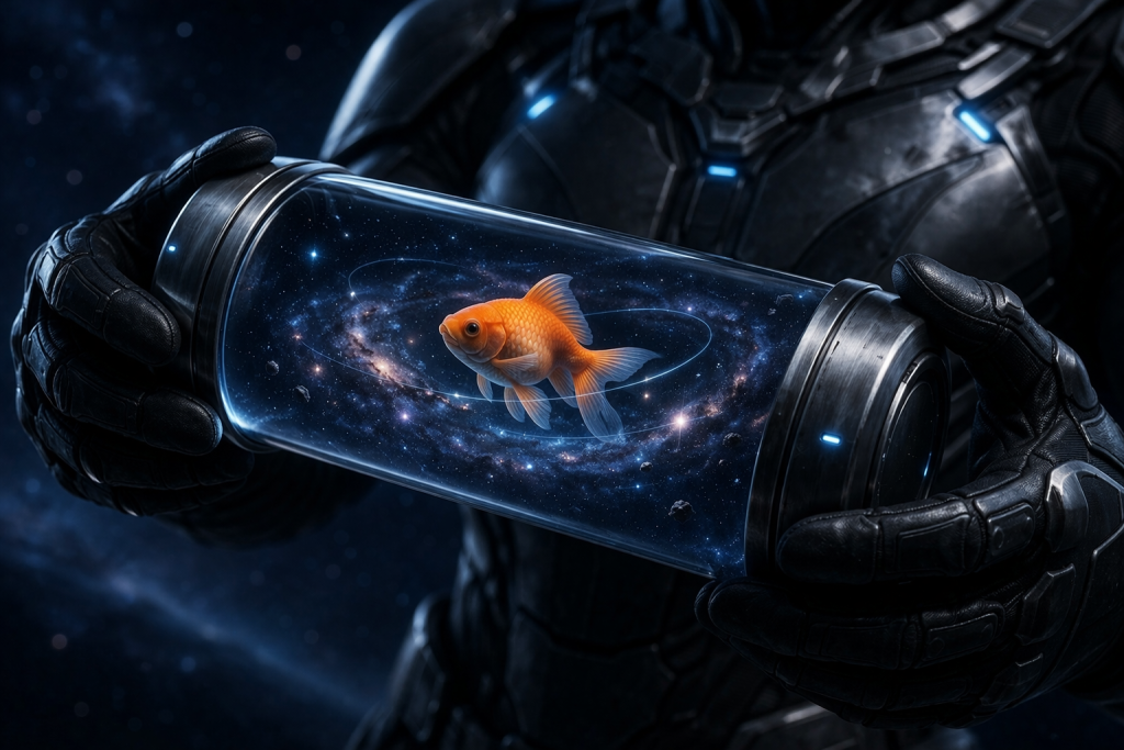 A goldfish floats inside a futuristic glass capsule held by a person in a dark sci-fi suit, illustrating the myth of the goldfish attention span.