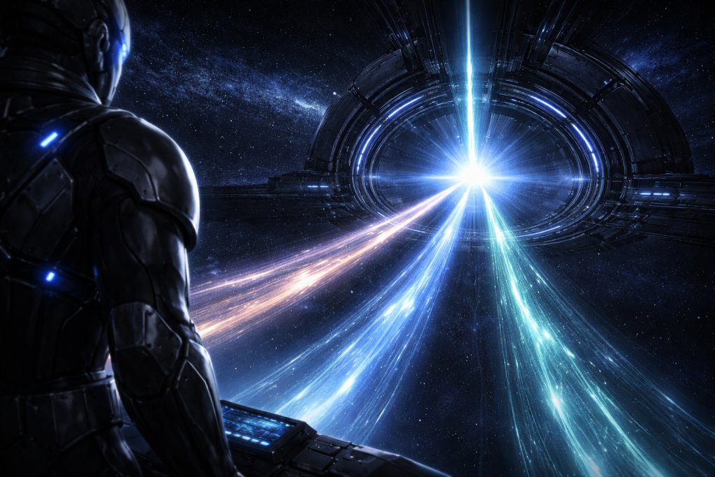 A futuristic figure faces a glowing portal in space, with bright streams of light converging toward it, symbolizing the qualities that capture selective audience attention.