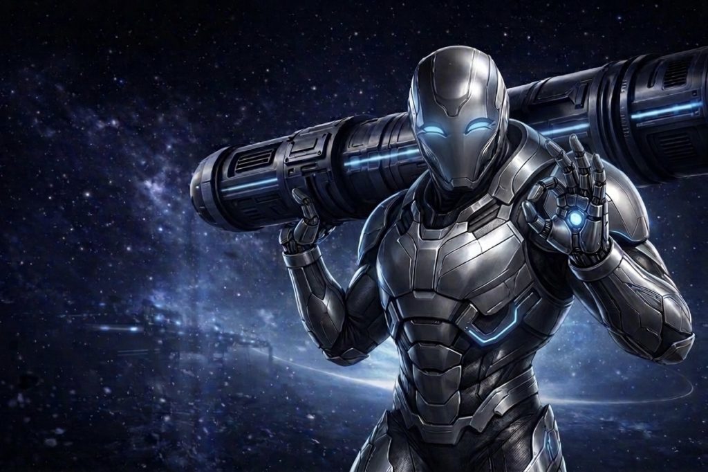 A futuristic armored figure stands in space holding a large telescope over one shoulder and making an OK gesture, symbolizing close attention and clear signals.