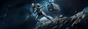 Futuristic armored figure dragging a heavy cargo block across a moonlike surface in space, beside the headline “The Harder the Earn, The Longer the Stay.”