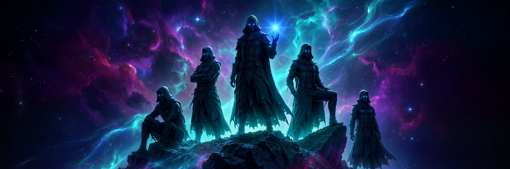 Altair Affiliates banner showing five hooded figures standing on a rocky cosmic landscape with the text 5 Clicks You're Losing Without Knowing