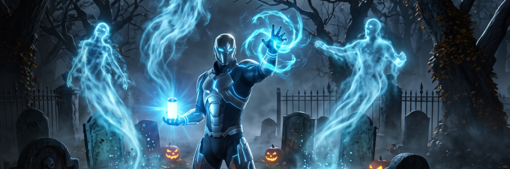 Altair Affiliates Halloween banner featuring a futuristic character summoning blue ghosts from a graveyard, symbolizing the revival of affiliate traffic.